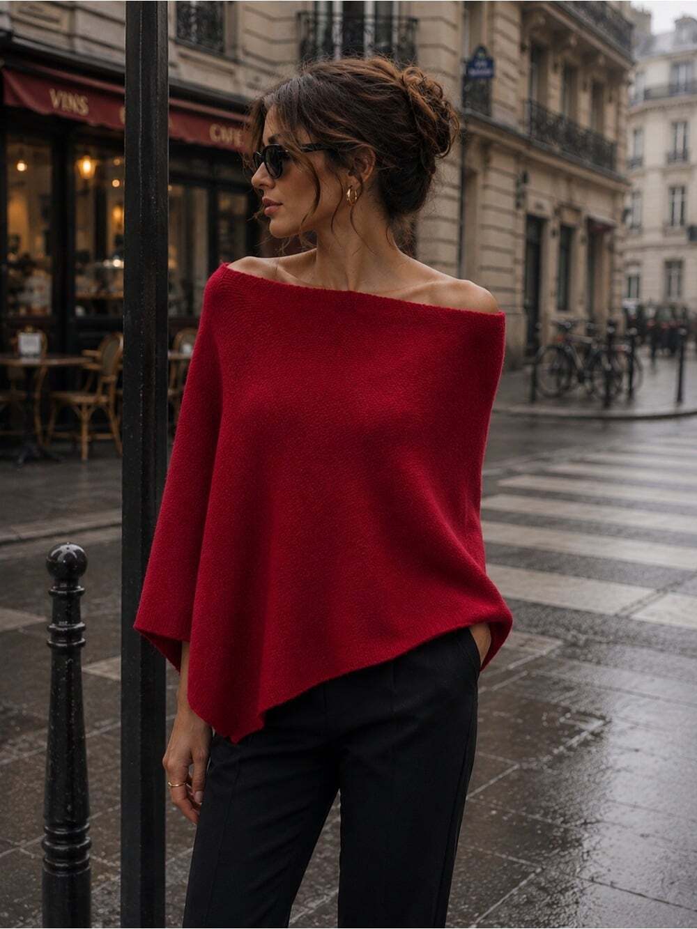 ITALICISE Cashmere Blend One Shoulder Poncho Red One Size Knit Quiet Luxury
